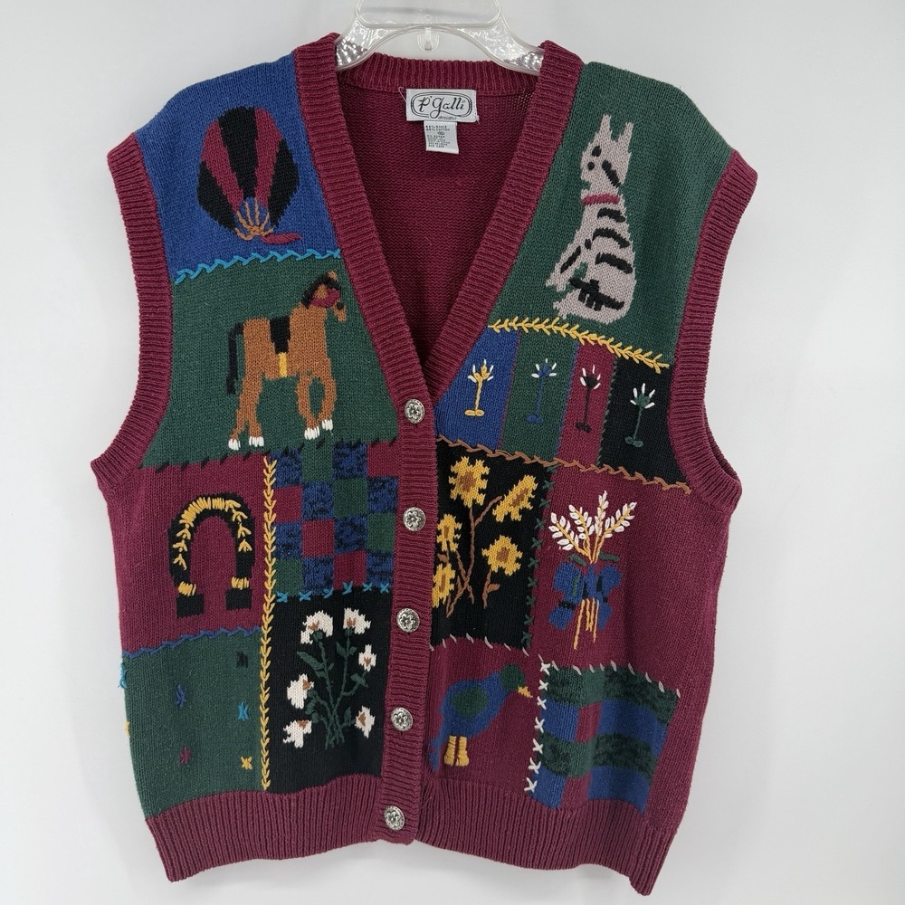 Vintage P. Galli Horse Animal Novelty Sweater Vest Womens XL Maroon Checked